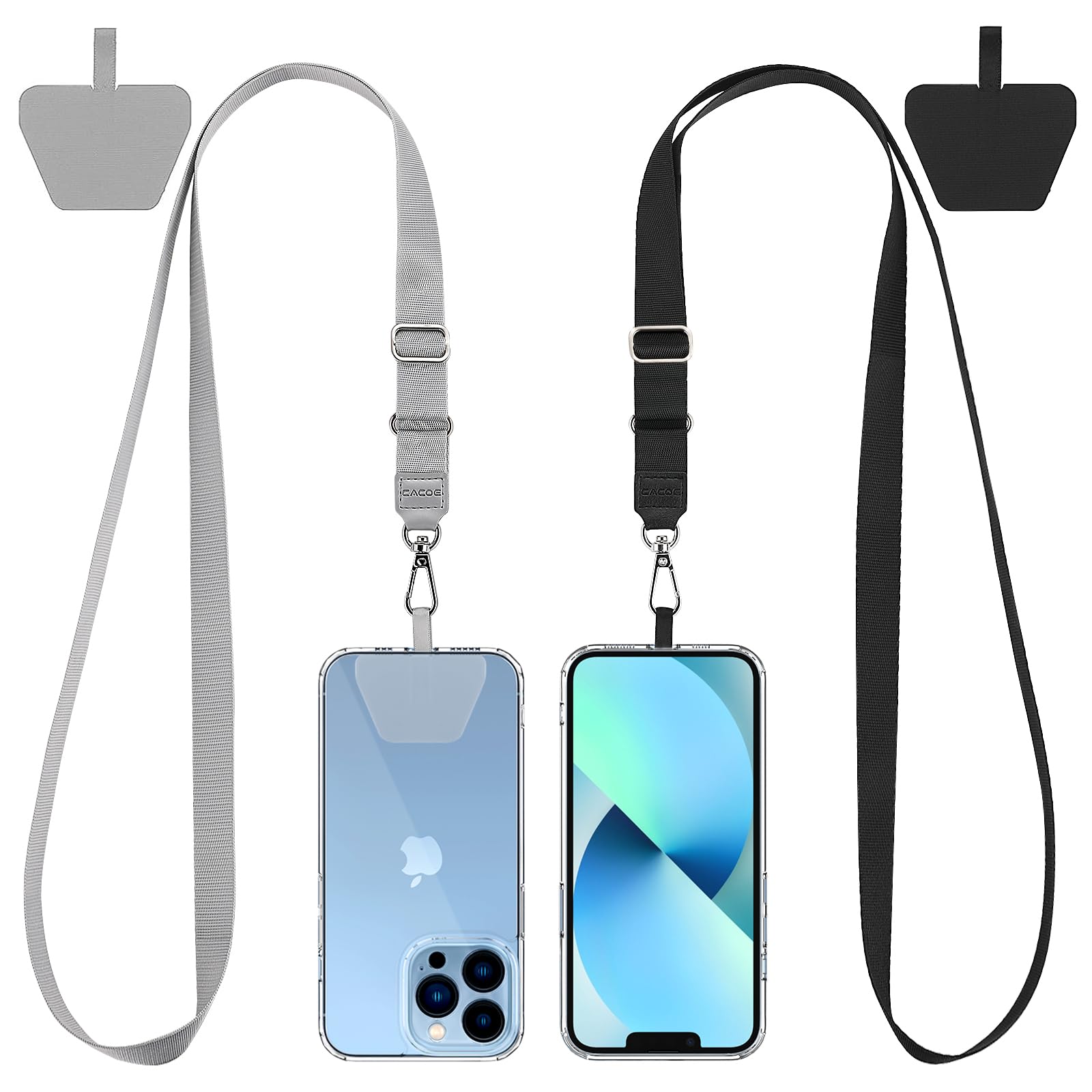CACOE Phone Lanyard 2 Pack-2× Adjustable Neck Strap,2× Phone Patches,Universal Cell Phone Multifuctional Patch Lanyards Compatible with Most Smartphones(Black+Gray)
